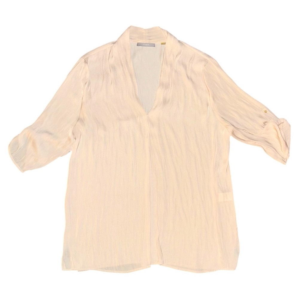 Tart Semi Sheer V-neck Beige Cream Blouse Top